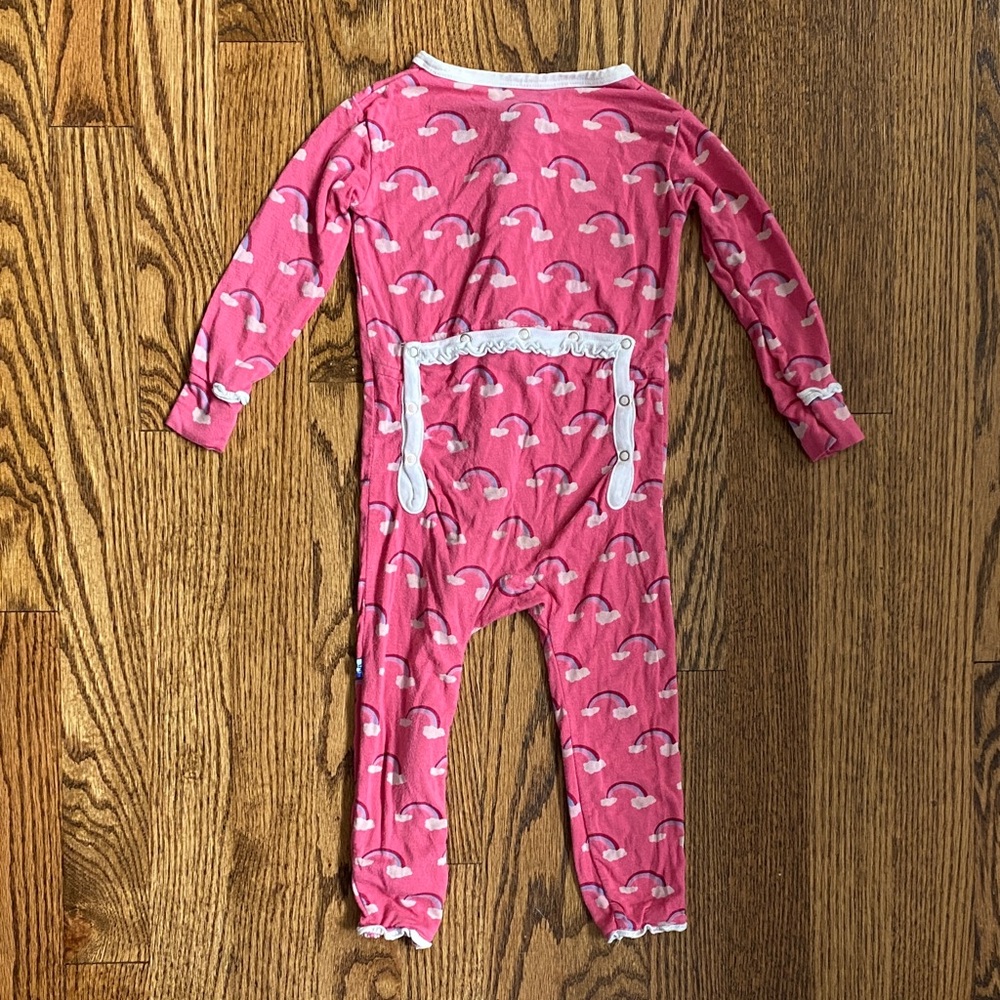 Pink rainbow print Kickee Pants zip up bamboo one piece pj with bum flap, 12-18M - Picture 9 of 12